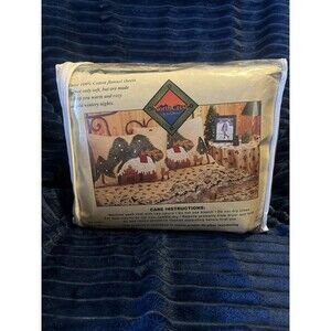 VTG Rustic Woodland Full Sheet Set 4pc Flannel Deer Pine Tree Northcrest Canoe
